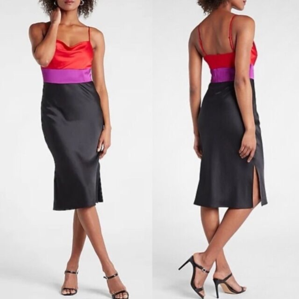 Express Satin Color Block Cowl Neck Midi Slip Dress Small